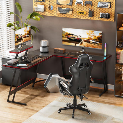L Shaped Gaming Desk Computer Corner Desk PC Gaming Desk Table with Large Monitor Riser Stand for Home Office Sturdy Writing Workstation (Black, 51 Inch)