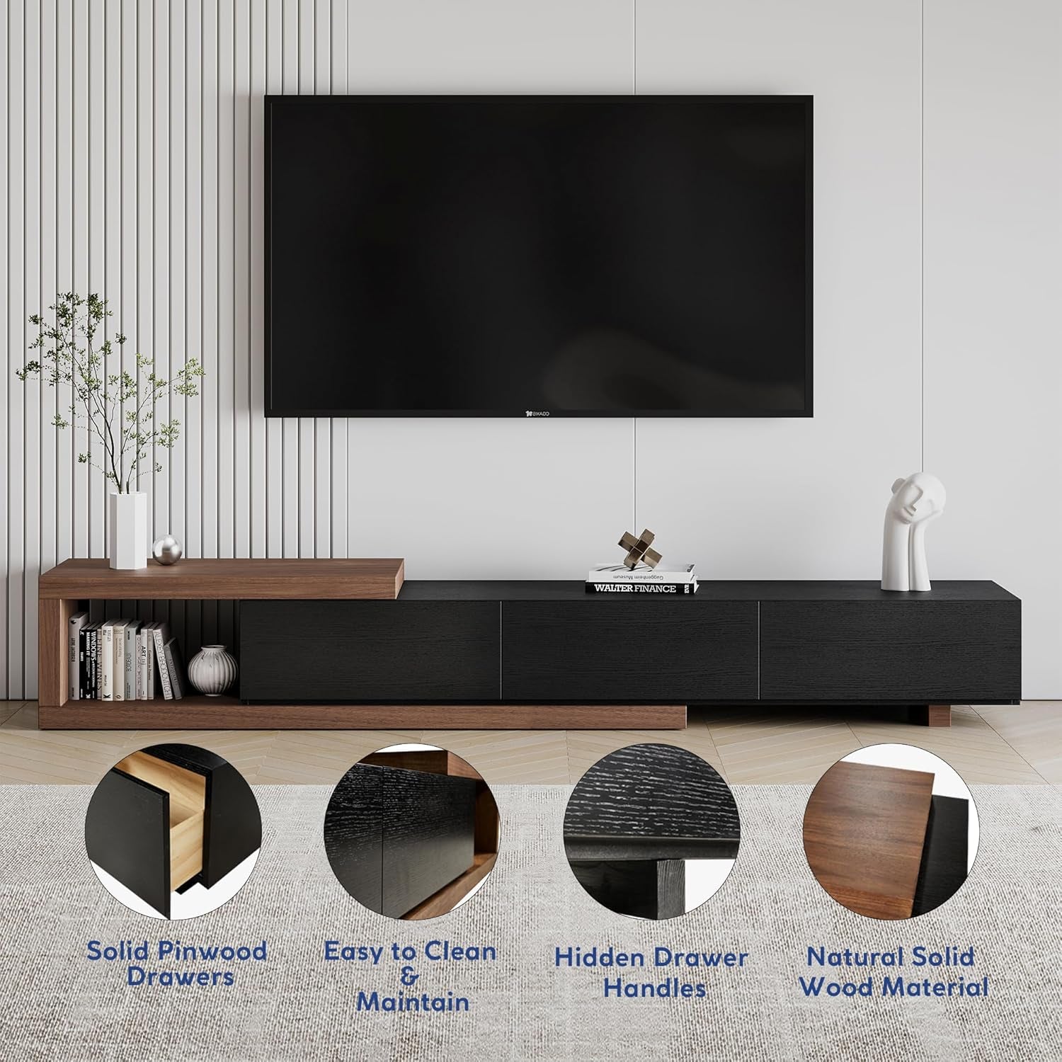 70"-100" Extendable TV Stand with Storage Solid Wood Black TV Media Console Modern Retractable Entertainment Center Low Reversible TV Stand Partial Assembled Walnut & Oak Veneer