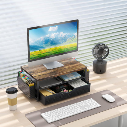 Wood Monitor Stand Riser, Office Desk Shelf Organizer, Desk Organizer with Drawer and Pen Holder, 2-Tier Computer Stand, Office Organization (Wood)