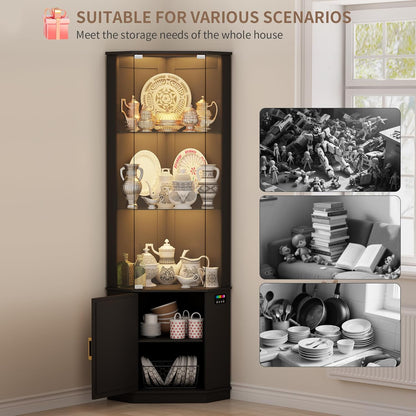 69" Corner Glass Display Cabinet with RGB Lights,3-Tier Movable Glass Shelves,Curio Display with Human Body Sensor,Bookcase with Storage Cabinet for Toys,Books,Collectibles,Liquor,Black