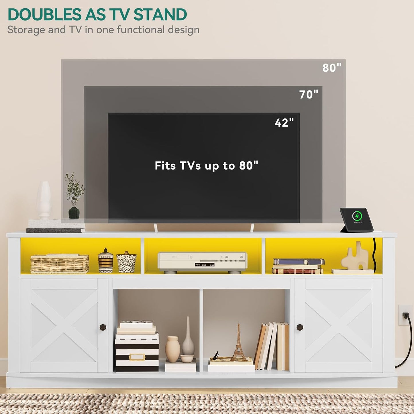 TV Stand for 75/80 Inch TV, White Entertainment Center 70 Inches Wide, Media Furniture TV Table with with Power Outlet, TV Consoles for Living Room, Curved Desktop