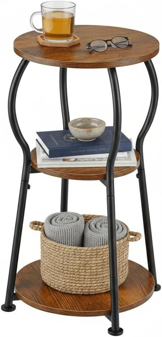 Small round Side Table for Small Spaces, 3 Tier round Bedside Table Wood,Corner round Tables for Living Room, Lightweight Portable Vintage End Tables for Tiny Space
