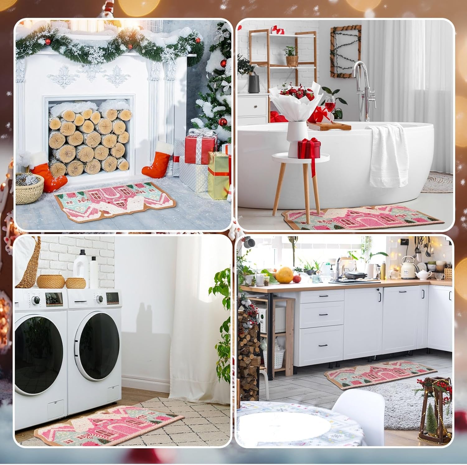 Pink Christmas Gingerbread House Doormat 23.6 X 13.7 Inch Pastel Christmas Welcome Doormat Cute Gingerbread Artificial Coir Non Slip Entrance Rugs for Indoor Outdoor Bathroom Kitchen Decor