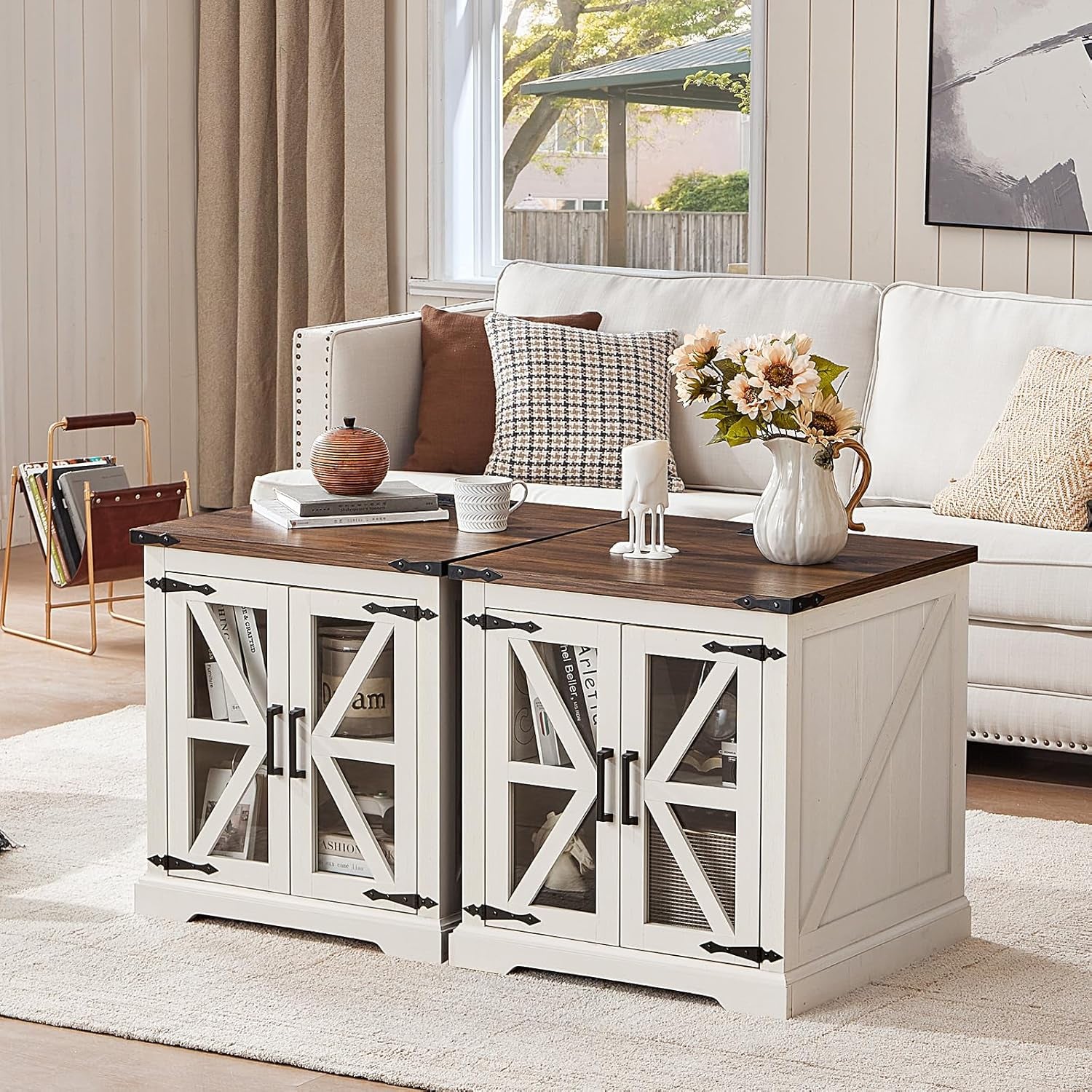 24" End Table with Charging Station, Farmhouse Night Stand with Glass Barn Door, White Nightstands with Adjustable Storage Shelf, Large Wood Square Bed Side Table for Living Room,Bedroom