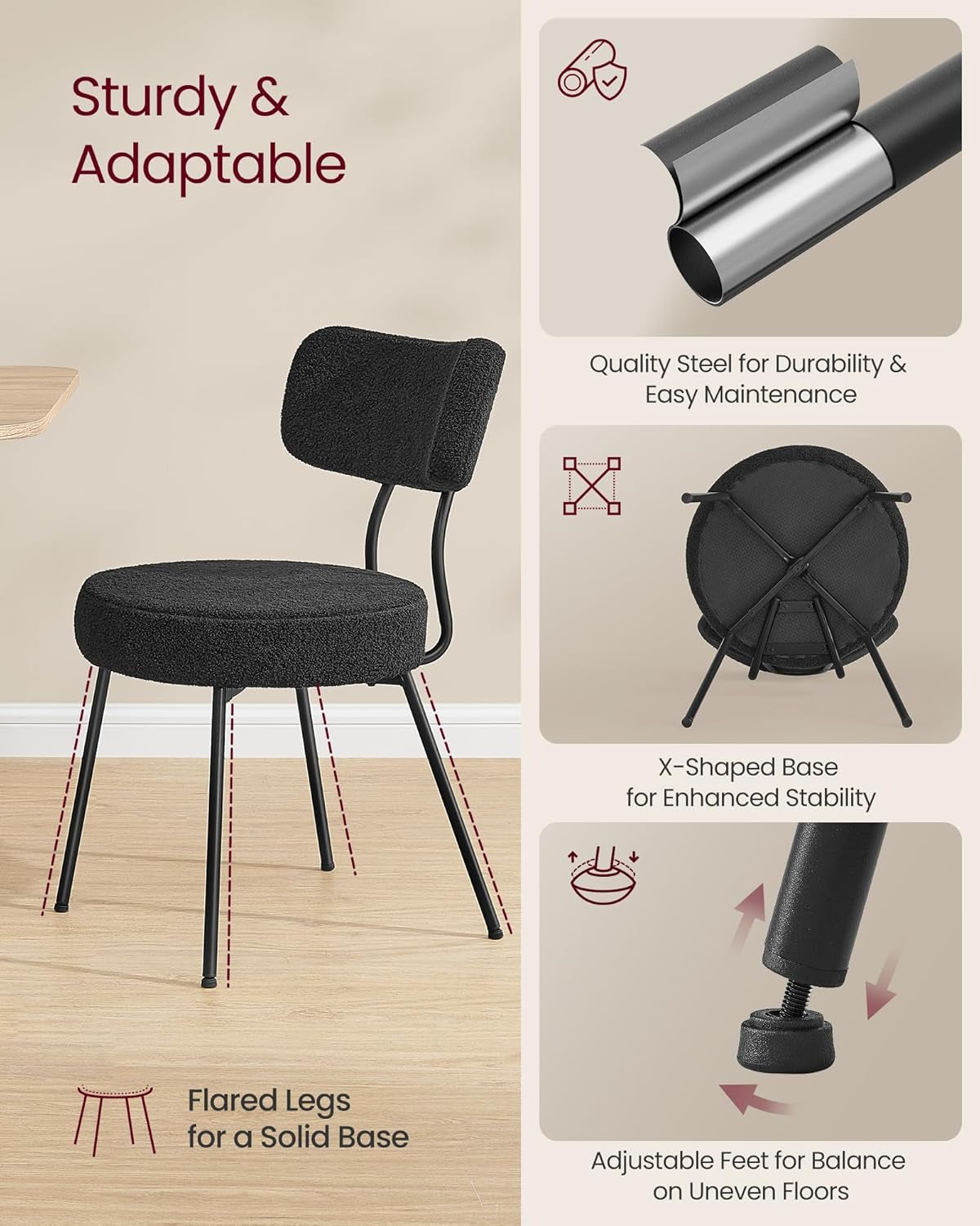 Boucle Dining Chairs Set of 2, Upholstered Kitchen Dining Room Chairs with Curved Backrest and Steel Frame, Modern Mid Century, Round, for Vanity, Living Room, Ink Black UKDC110B01