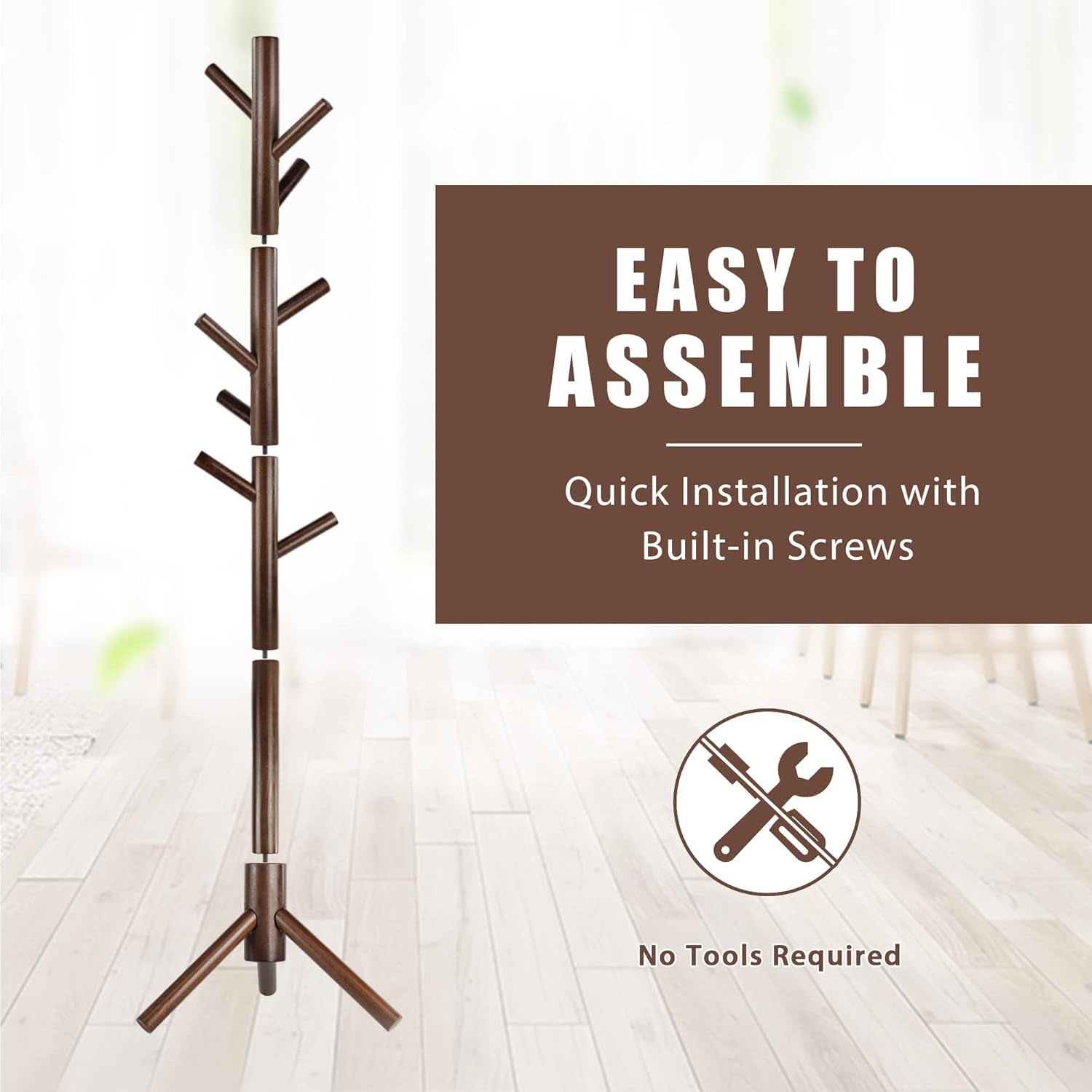 Wooden Coat Rack Stand with 8 Hooks New Zealand Pine 3 Adjustable Coat Standing Tree Easy Assembly for Coats, Hats, Scarves and Handbags for Entryway, Hallway, Bedroom, Office
