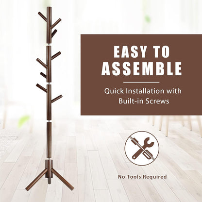 Wooden Coat Rack Stand with 8 Hooks New Zealand Pine 3 Adjustable Coat Standing Tree Easy Assembly for Coats, Hats, Scarves and Handbags for Entryway, Hallway, Bedroom, Office