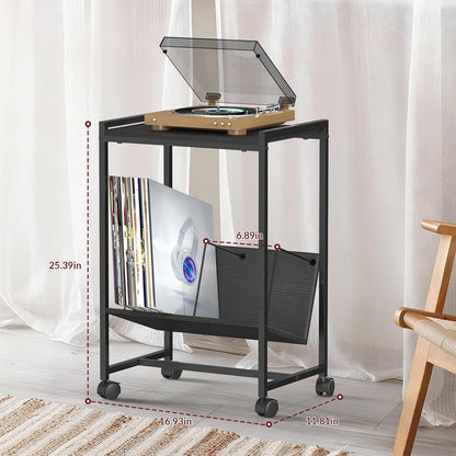 Record Player Table with Vinyl Storage,Black Small End Table Turntable Stand with Record Storage,Vinyl Record Player Stand,2 Tier Bed Side Table Modern Nightstand for Living Room Bedroom