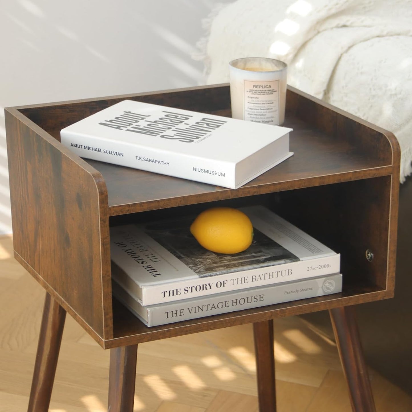 Nightstand, Mid Century Modern Side Table Bedroom with Storage, Small End Bedside Table with Solid Wood Legs for Living Room, Office Small Spaces (Rustic Brown)