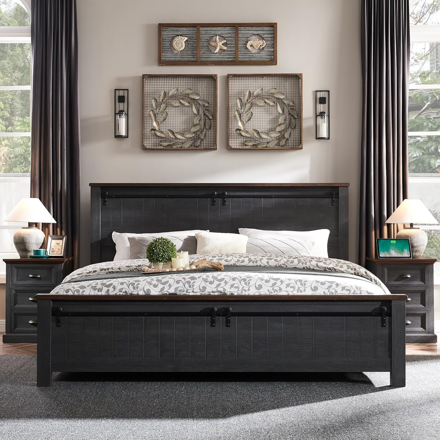 Farmhouse Queen Size Bed Frame with 47" Headboard, Wood Bed Frame with Groove Sliding Barn Door Footboard, Platform Bed with Wood Slats Support, No Box Spring Needed (Dark Grey)