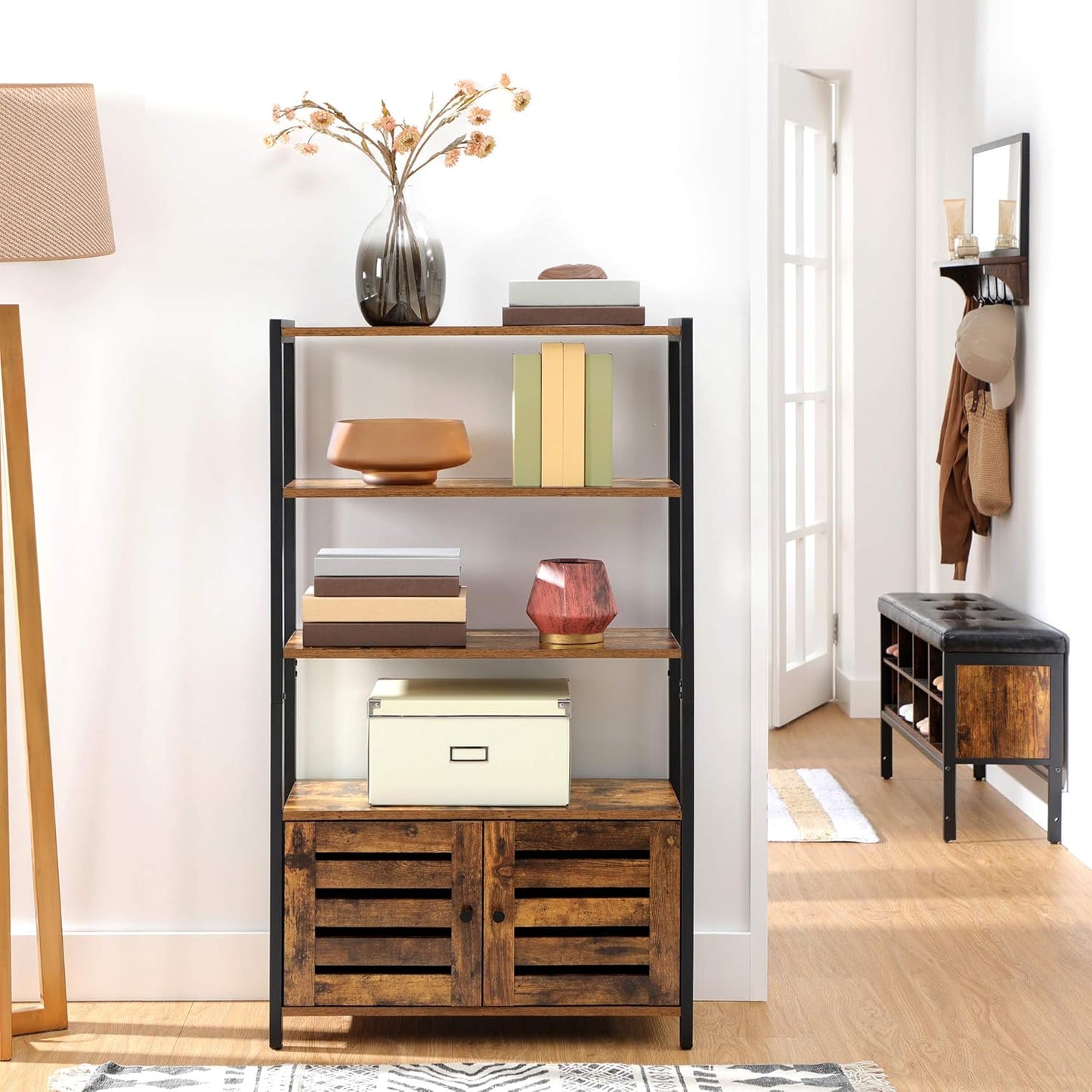 LOWELL Bookshelf, Storage Cabinet with 3 Shelves and 2 Louvered Doors, Industrial Bookcase in Living Room, Study, Bedroom, Multifunctional, Rustic Brown ULSC75BX