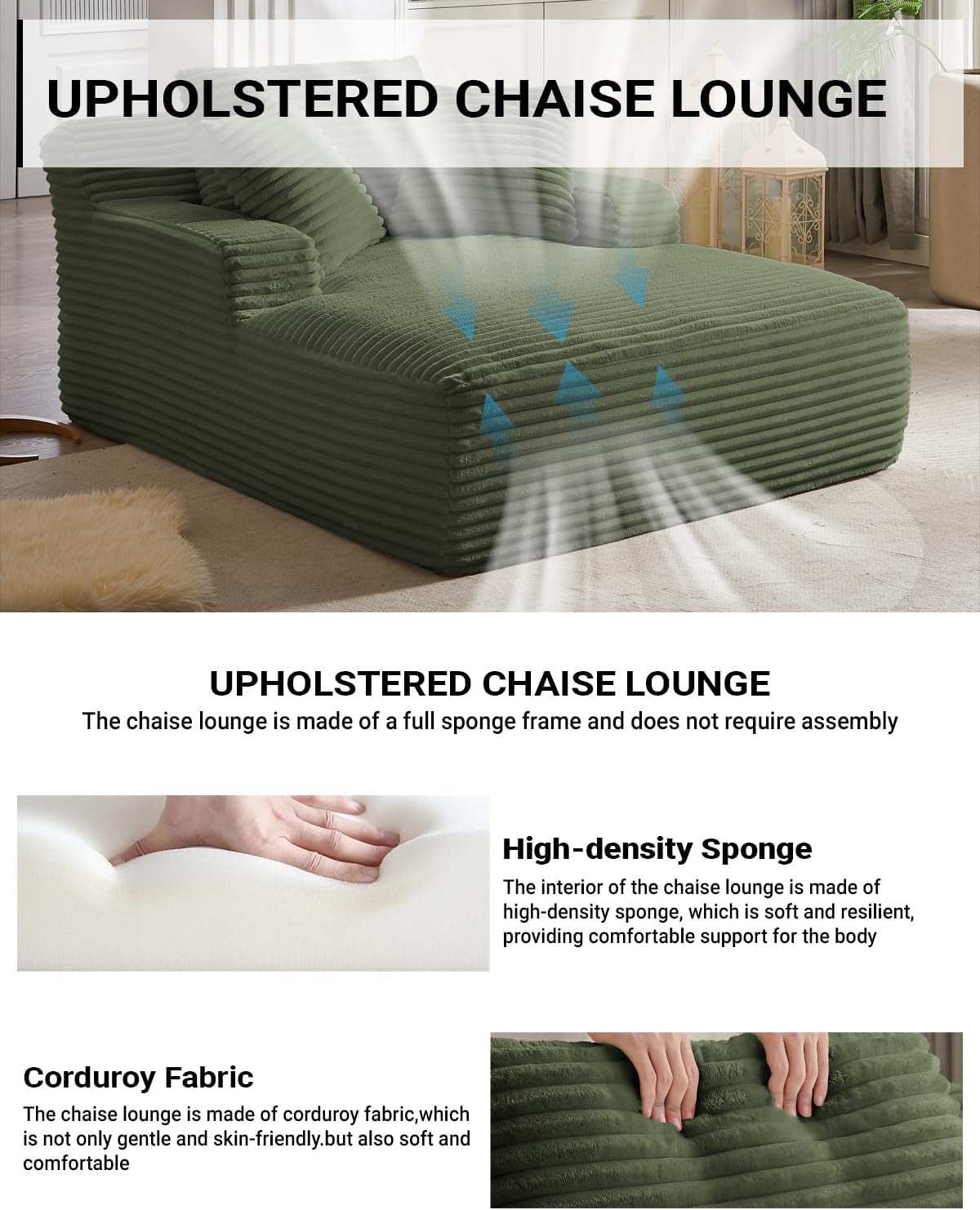 67 Inch Chaise Lounge Chair Indoor, Oversized Corduroy Upholstered Boneless Sofa Bed, Deep Seat Sleeper Couch Reading Chairs, Cloud Sofas Couches for Living Room, No Assembly Required (Olive Green)