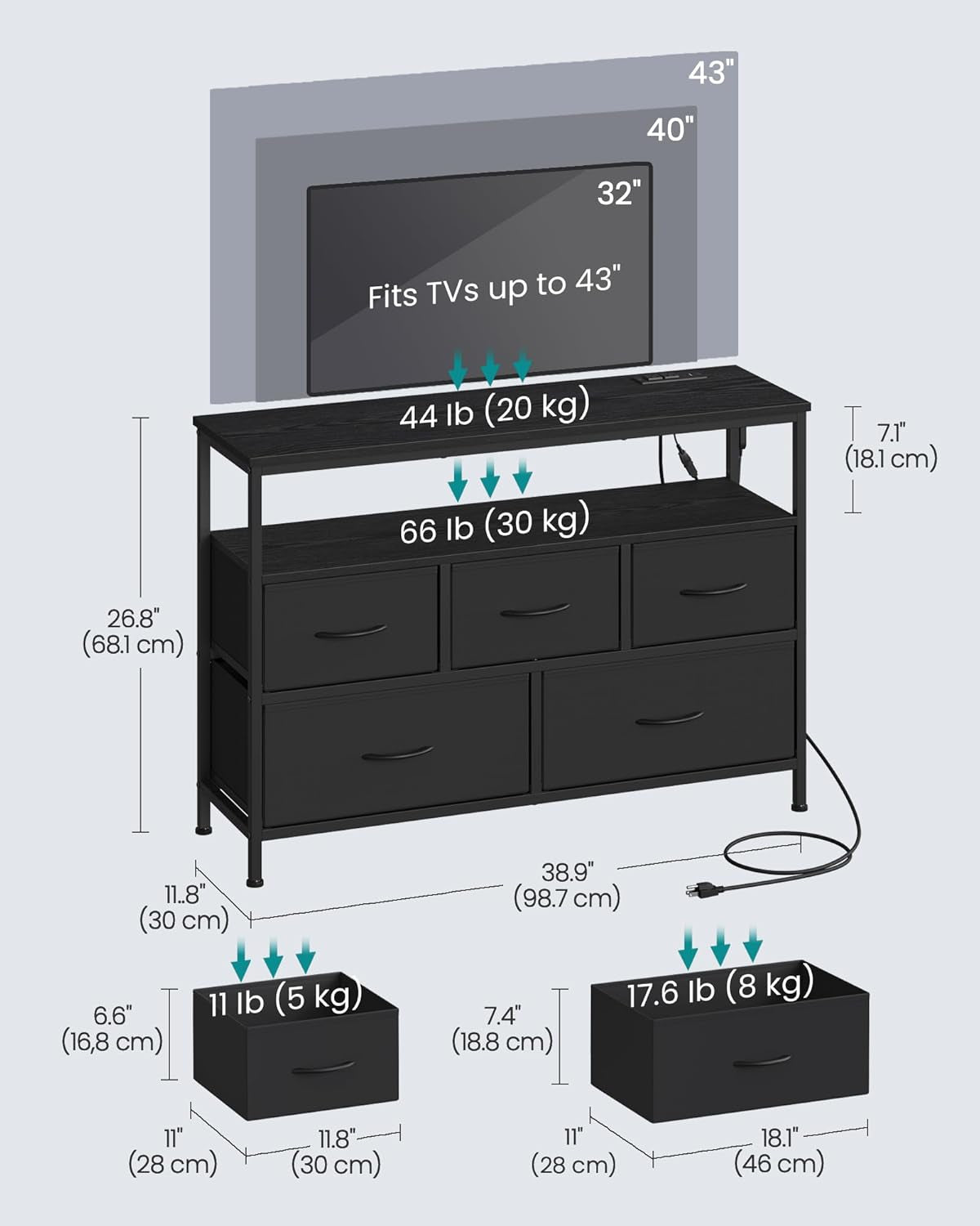BELLAH Collection - Dresser for Bedroom with App-Controlled LED Lights and Charging Station, Chest of Drawers, TV Stand, 5 Drawers, Shelf, Modern, Ink Black ULGS723BH02S