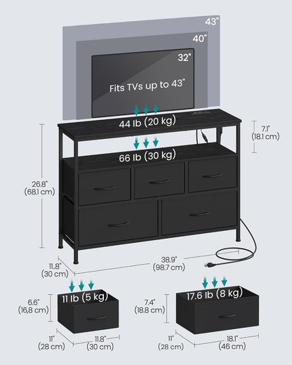 BELLAH Collection - Dresser for Bedroom with App-Controlled LED Lights and Charging Station, Chest of Drawers, TV Stand, 5 Drawers, Shelf, Modern, Ink Black ULGS723BH02S