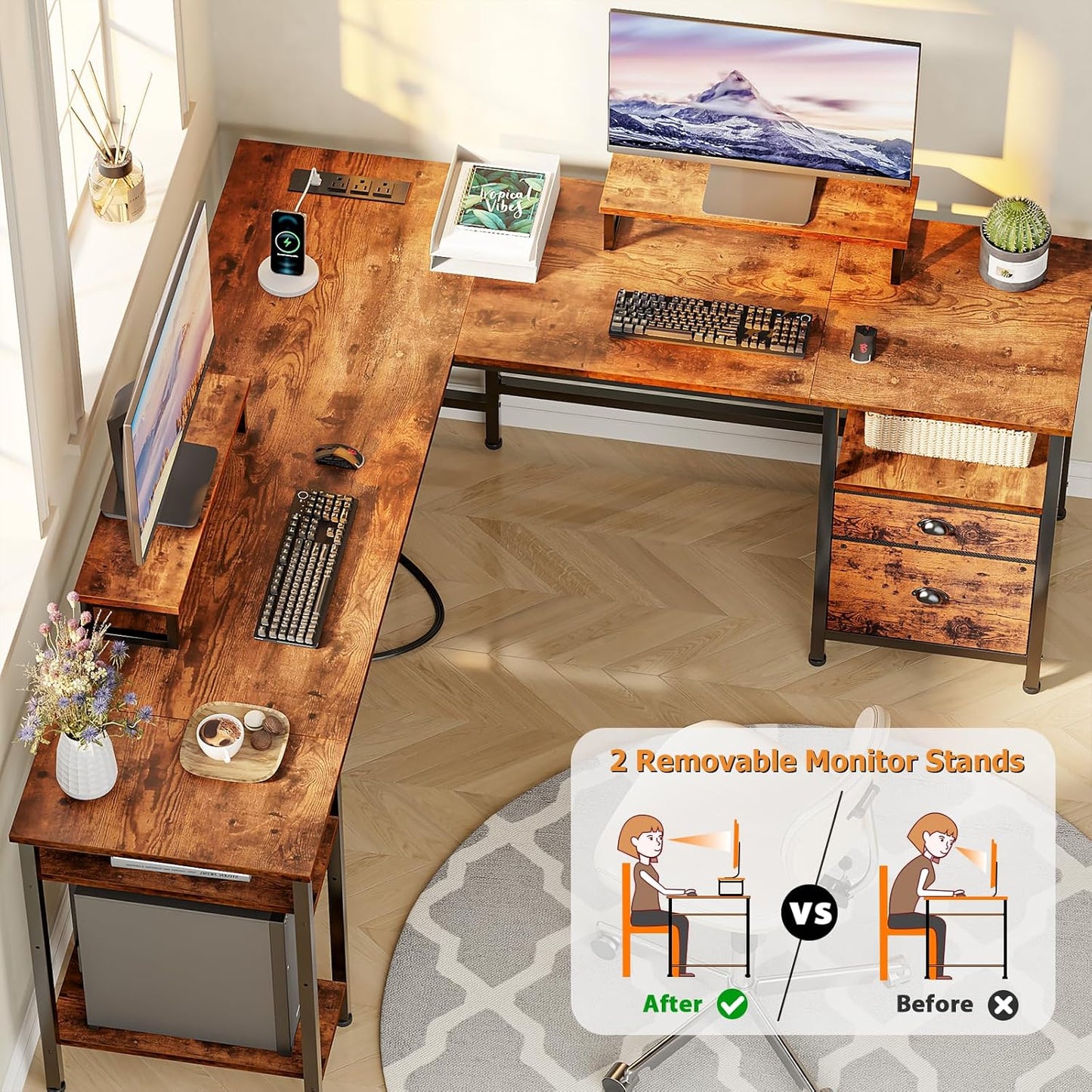 59” L Shaped Desk with Power Outlet, Reversible Computer Desk with File Drawer & 2 Monitor Stands, Corner Home Office Table with Storage Shelves for Gaming Writing, Rustic Brown