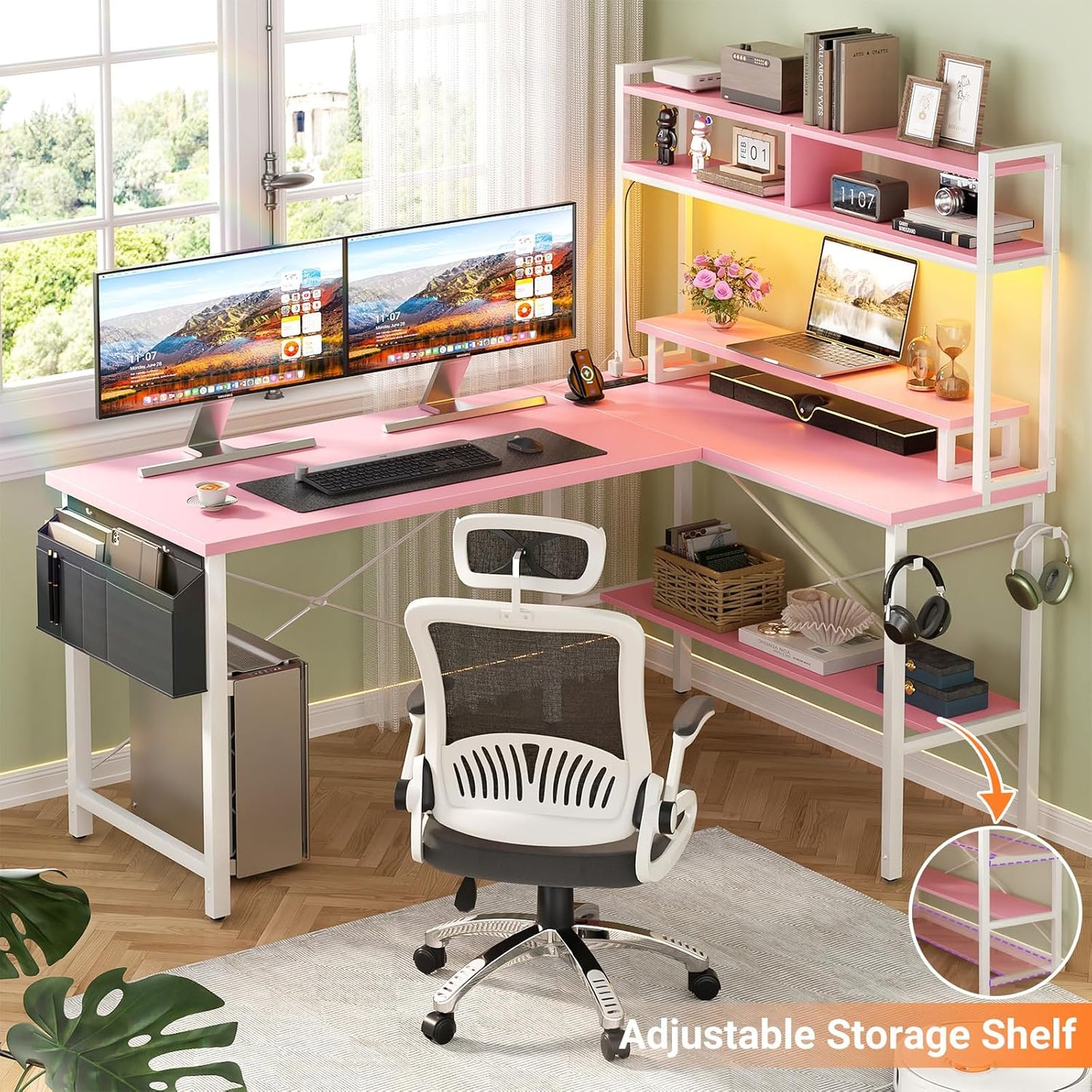 L Shaped Gaming Desk with Power Outlets & LED Lights, Small L- Shaped Desk Computer Corner Desk with Monitor Stand & Storage Shelf, Home Office Desk Writing Desk with Storage Bag, Pink