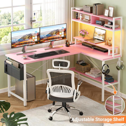 L Shaped Gaming Desk with Power Outlets & LED Lights, Small L- Shaped Desk Computer Corner Desk with Monitor Stand & Storage Shelf, Home Office Desk Writing Desk with Storage Bag, Pink