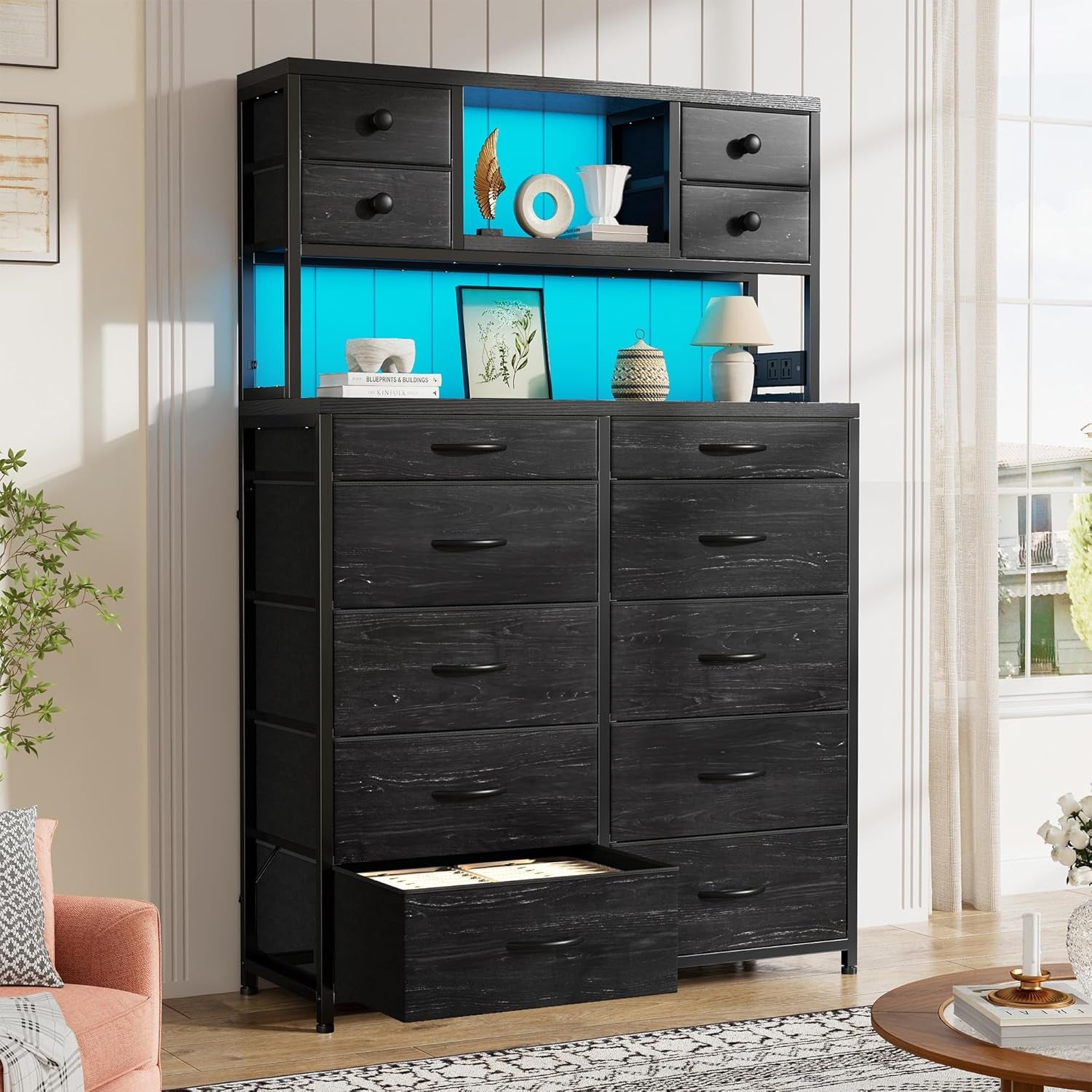 Black Dresser with 14 Fabric Drawers, Dresser for Bedroom with Charging Station and LED Lights,Dressers & Chests of Drawers for Bedroom, Steel Frame & Wooden Top, Entryway