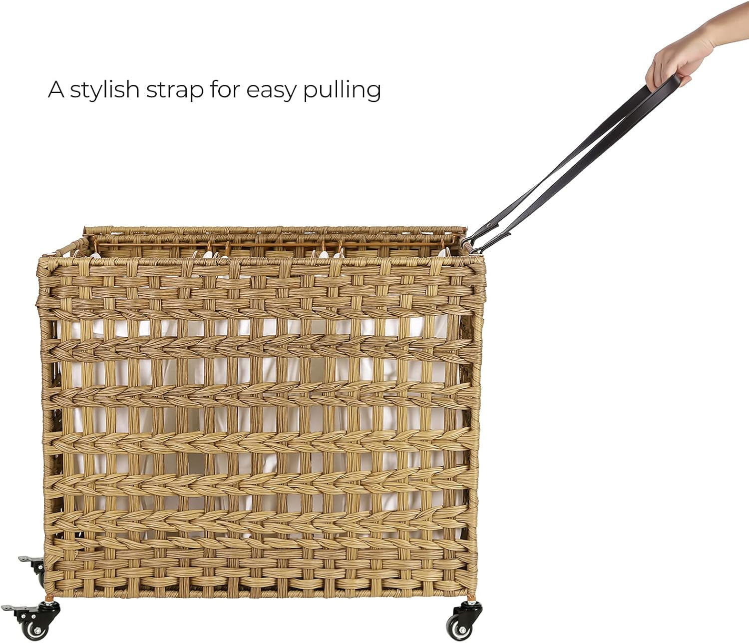 Laundry Hamper with Lid, 140L Synthetic Rattan Laundry Basket with Wheels, Clothes Hamper with 3 Removable Liner Bags, 3-Section Hampers with Handles, Laundry Room, Natural ULCB083N01