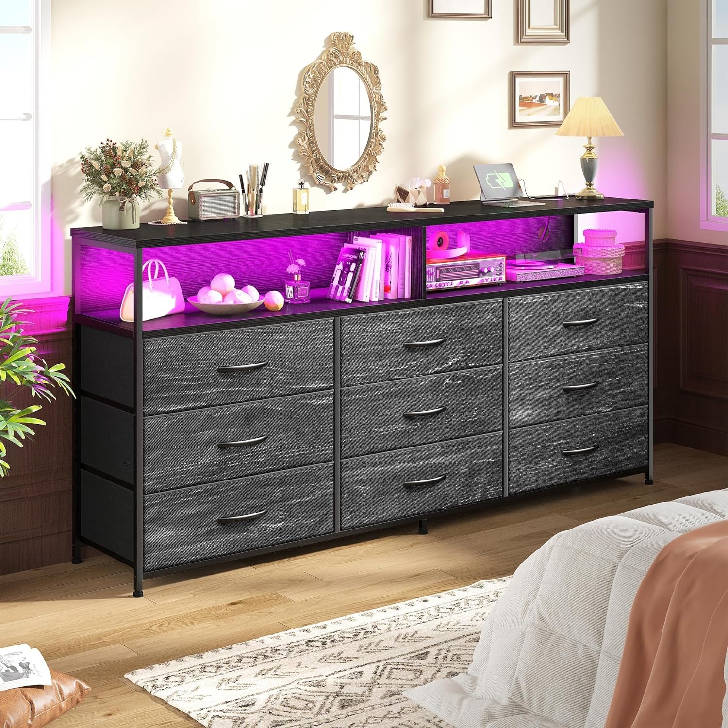 55" W Dresser for Bedroom with 9 Drawers, LED TV Stand with Power Outlets for 45, 55, 65 Inch TV, Sturdy Long Chest of Drawers with Extra 2 Wooden Shelves, Grain Black