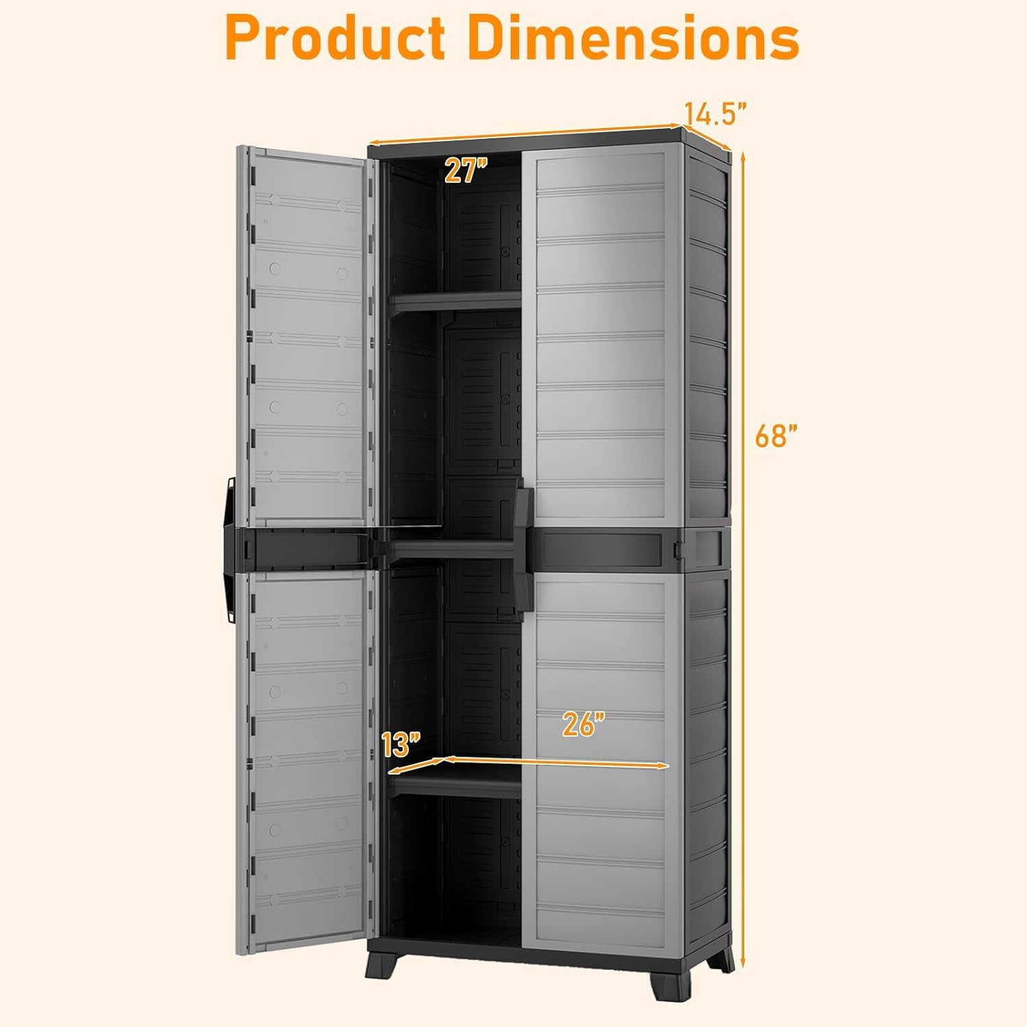 68" Lockable Storage Cabinet, PP Garage Storage Shed with Doors, 3 Adjustable Shelves, Freestanding Tool Locker, Shelving Unit for Pantry, Basement, Laundry Room or Mudroom