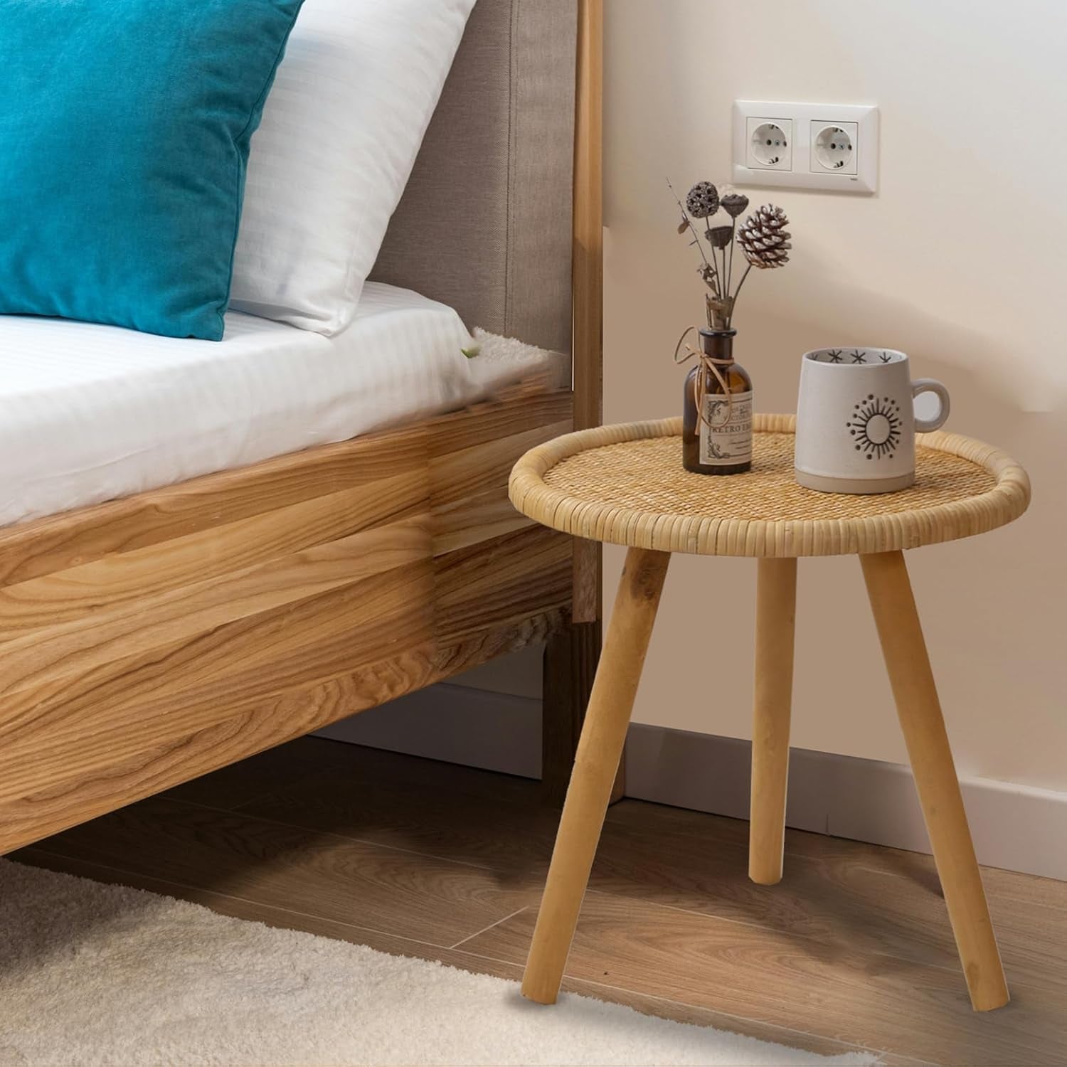 Small Side Table, Rattan round Coffee Table, Boho Circle Side Tables End Table for Living Room, Mid Century Accent Table for Bedroom Balcony