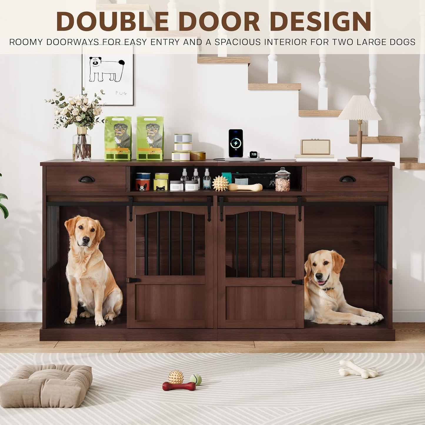 70.86" Double Dog Crate Furniture with Storage for 2 Medium Large Dogs Farmhouse Wooden Dog Kennel Furniture with 2 Sliding Doors Divider & Power Outlets Decorative Dog Cage TV Stand Brown