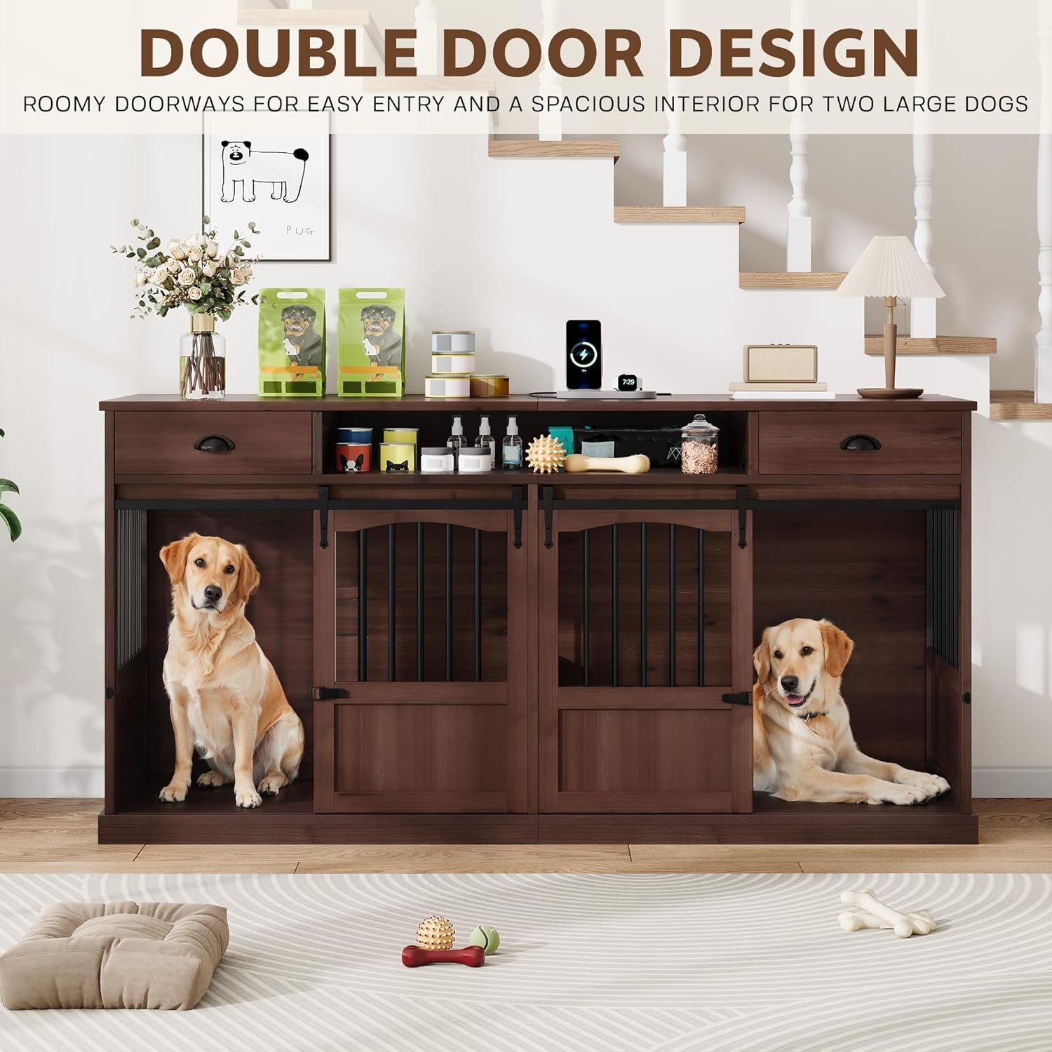 70.86" Double Dog Crate Furniture with Storage for 2 Medium Large Dogs Farmhouse Wooden Dog Kennel Furniture with 2 Sliding Doors Divider & Power Outlets Decorative Dog Cage TV Stand Brown