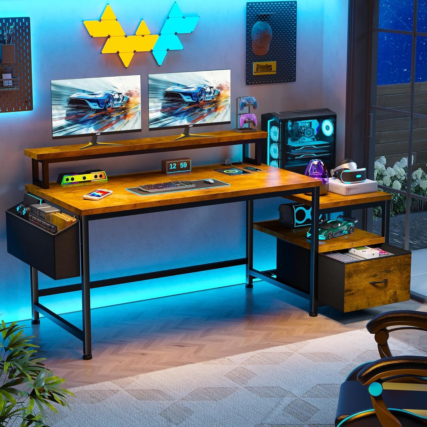 57" Office Desk with Drawers and Printer Space,Computer Desk with Power Outlets,Home Office Desks with File Drawers Cabinet,Study and Gaming Desk with Shelves Monitor Stand,Rustic Brown