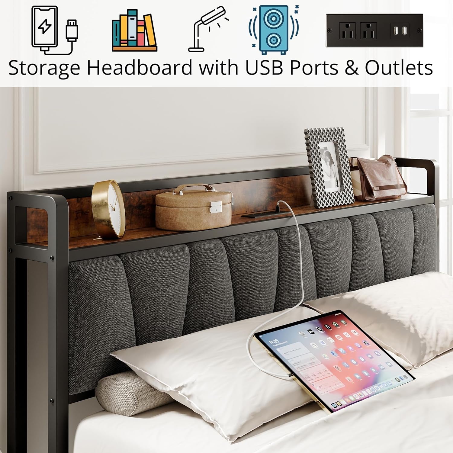 King Size Bed Frame, Storage Headboard with Charging Station, Solid and Stable, Noise Free, No Box Spring Needed, Easy Assembly