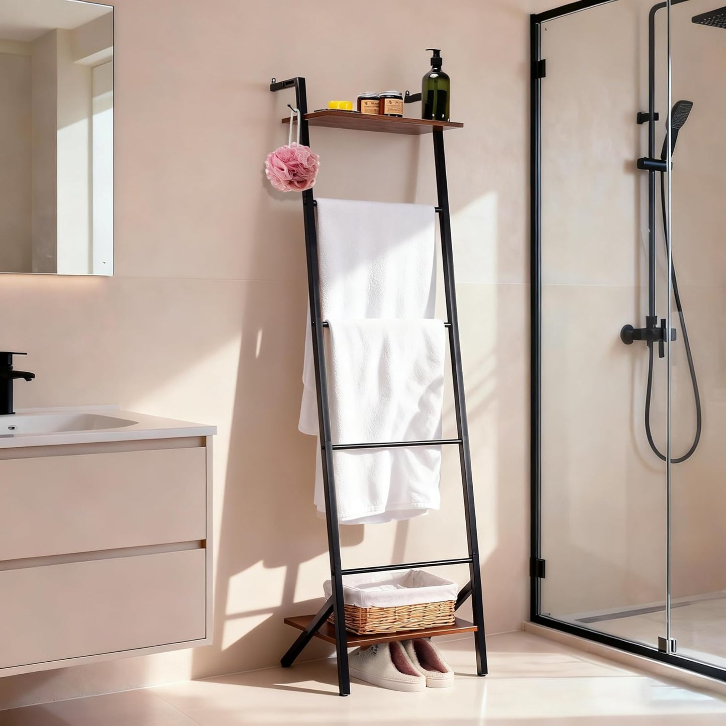 5 Tier Blanket Ladder with Shelf and Hooks, 4.8Ft Metal Ladder Shelf Blanket Holder Storage Rack for Living Room, Free Standing Blanket Rack for Storage and Home Decor