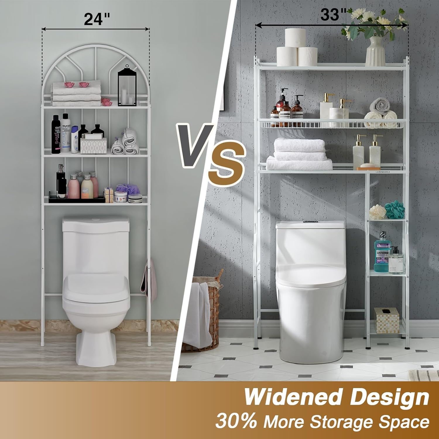 6-Tier over the Toilet Storage with Side Rack, 32.8" W X 12.2" D X 61" H over Toilet Bathroom Organizer, Freestanding above over Toilet Storage Shelf for Restroom, Laundry, White