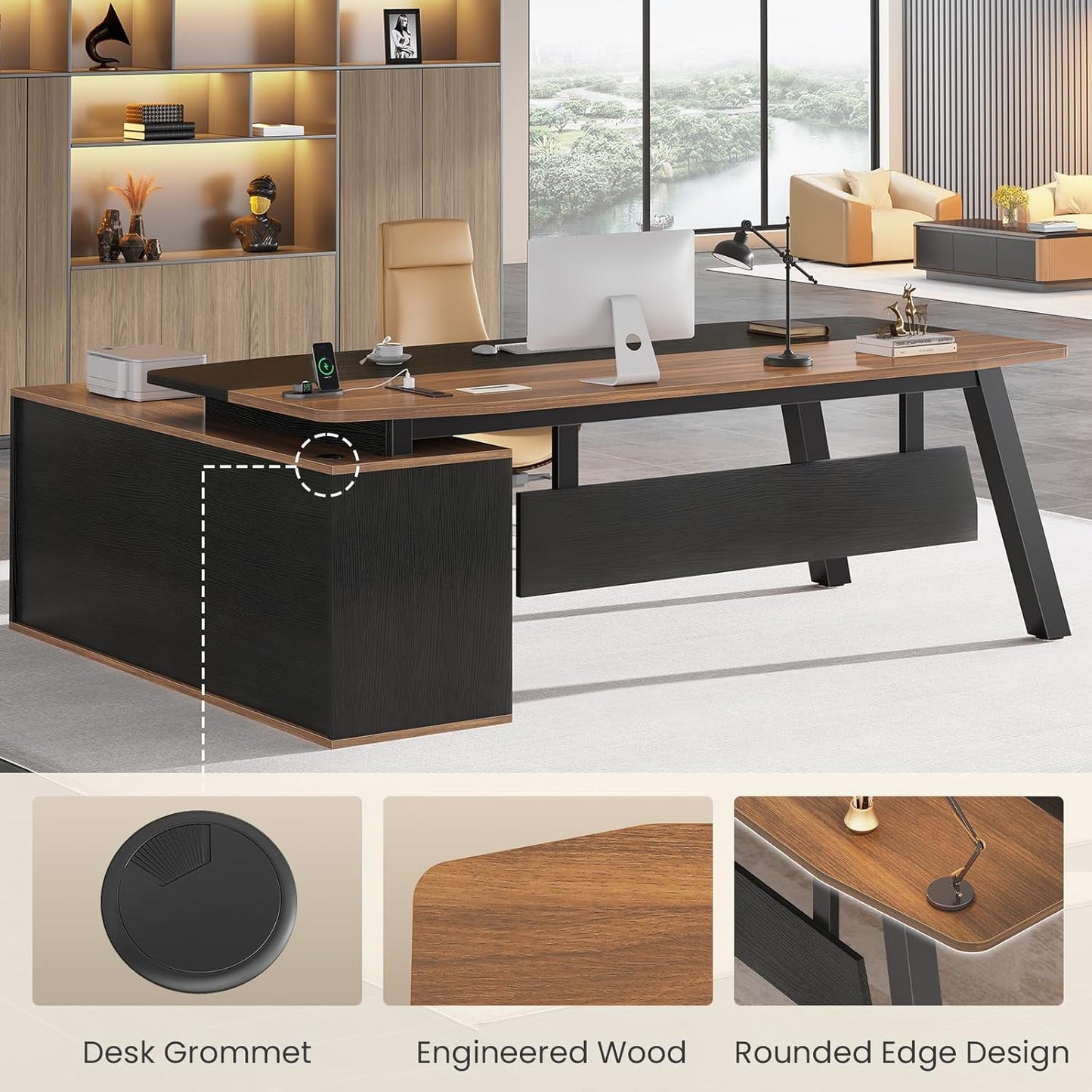 71" Executive Desk with File Cabinet, Large Office Desk with Drawers and Shelves, L Shaped Computer Desk with Power Outlets, Business Furniture Desk Workstation for Home Office, Walnut