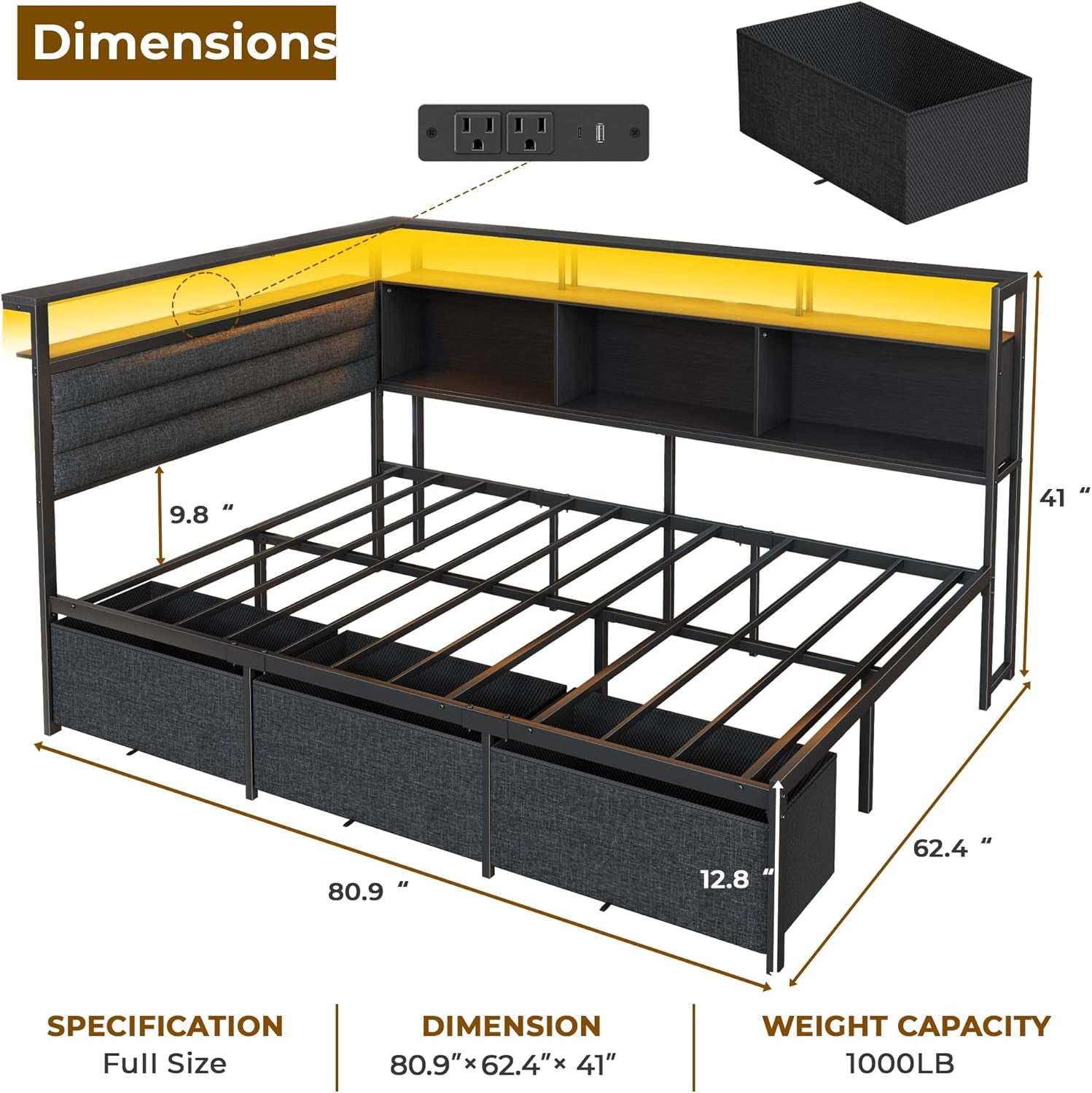 Full Size Bed Frame with Headboard and Storage Drawers, Full Metal Platform Corner Bed Frame with Charging Station and LED Lights, Heavy Duty Strong Support Slats and Easy to Assemble, Black