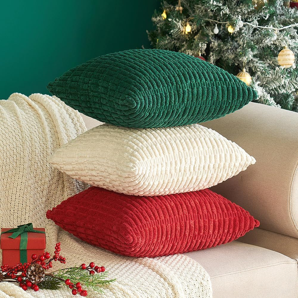 Pack of 2 Corduroy Decorative Throw Pillow Covers 18X18 Inch Soft Boho Striped Pillow Covers Modern Farmhouse Home Decor for Sofa Living Room Couch Bed Cream White