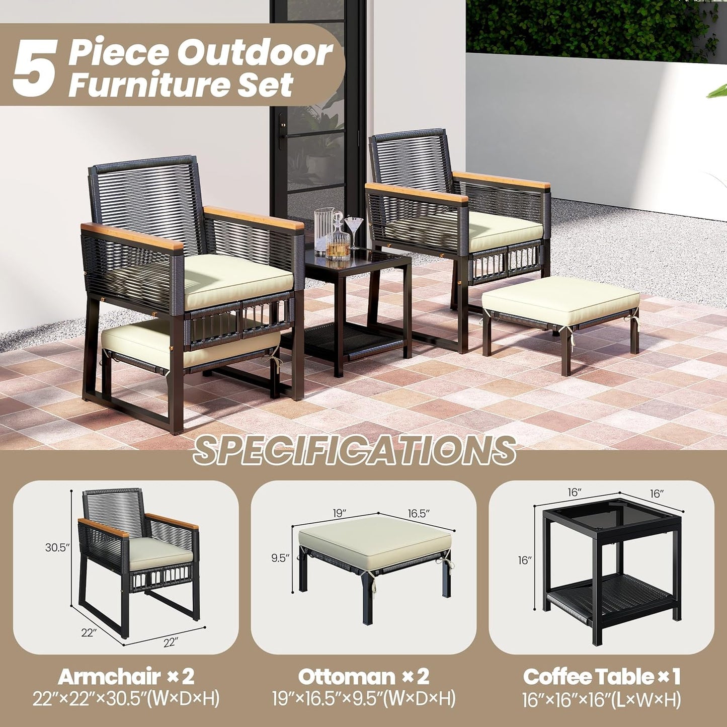5-Piece Outdoor Conversation Set, Wicker Rattan Patio Furniture Set W/Rattan Armchairs, 2-Layer Side Table, Ottomans, Acacia Wood Armrests & Metal Frame for Backyard, Porch, Balcony