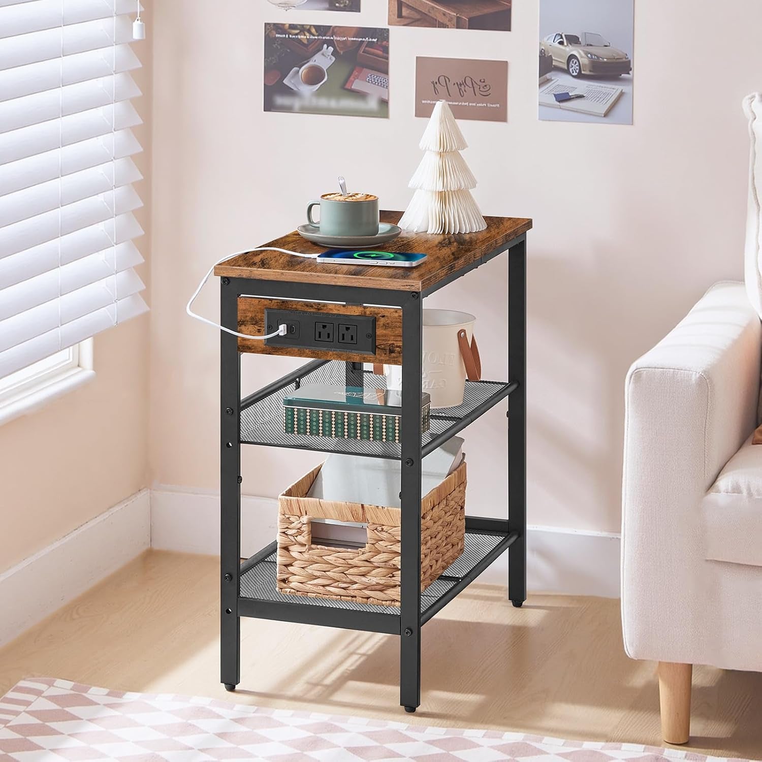 End Table, 3-Tier Narrow Side Table with Charging Station, Nightstand with 2 Flat or Slant Adjustable Shelves for Small Spaces, Living Room, Bedroom, Rustic Brown and Black BF23UBZ01G1