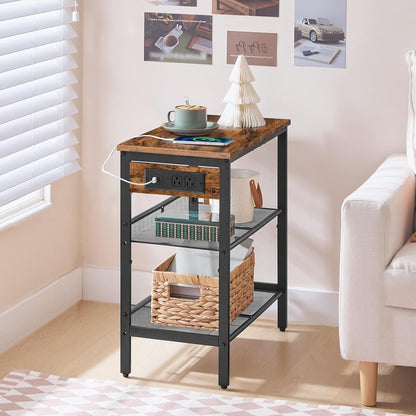 End Table, 3-Tier Narrow Side Table with Charging Station, Nightstand with 2 Flat or Slant Adjustable Shelves for Small Spaces, Living Room, Bedroom, Rustic Brown and Black BF23UBZ01G1