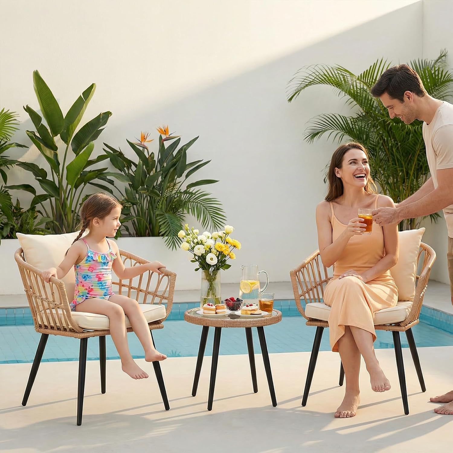 3-Piece Patio Dining Set, Featuring a round PE Rattan Table and 2 Chairs, Suitable for Bedrooms, Porches and Gardens All-Weather Furniture Set Includes Tempered Glass, Thick Cushions