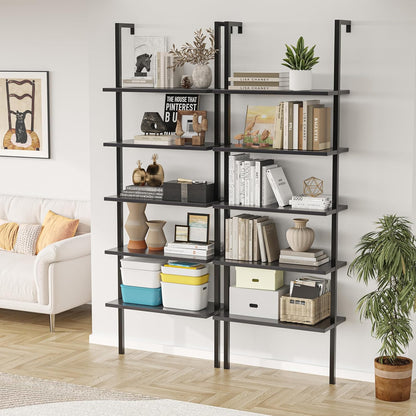 5-Tier Bookshelf, Wall Mount Ladder Shelf with Wood Board and Industrial Metal Frame, for Home Office, Living Room, Bedroom, Entryway and Hallway, (1, Black)