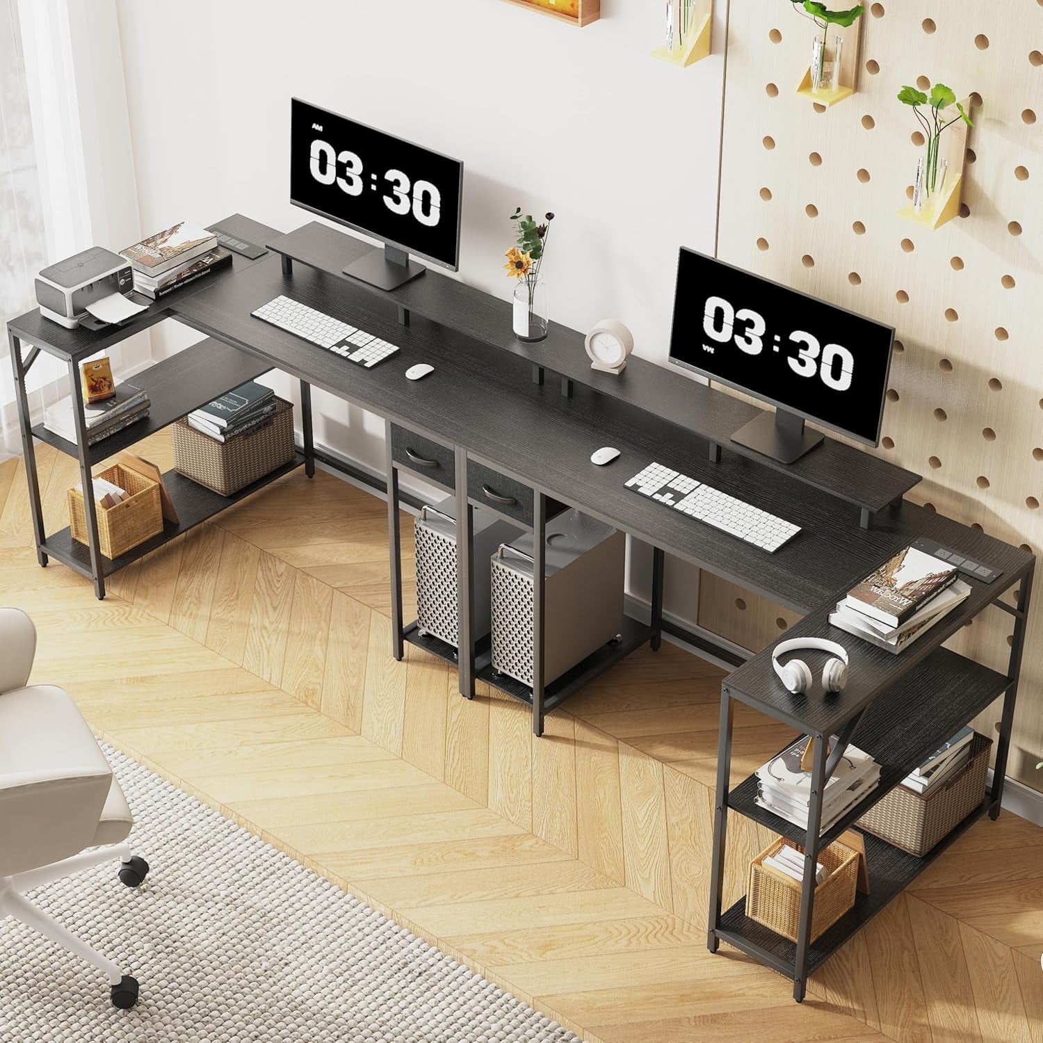 L Shaped Gaming Desk with Power Outlet & Led Light, 47 Inch Reversible Computer Desk with Shelves, Hooks, and Drawer, Cornor Home Office Desk Table for Living Room, Bedroom, Black