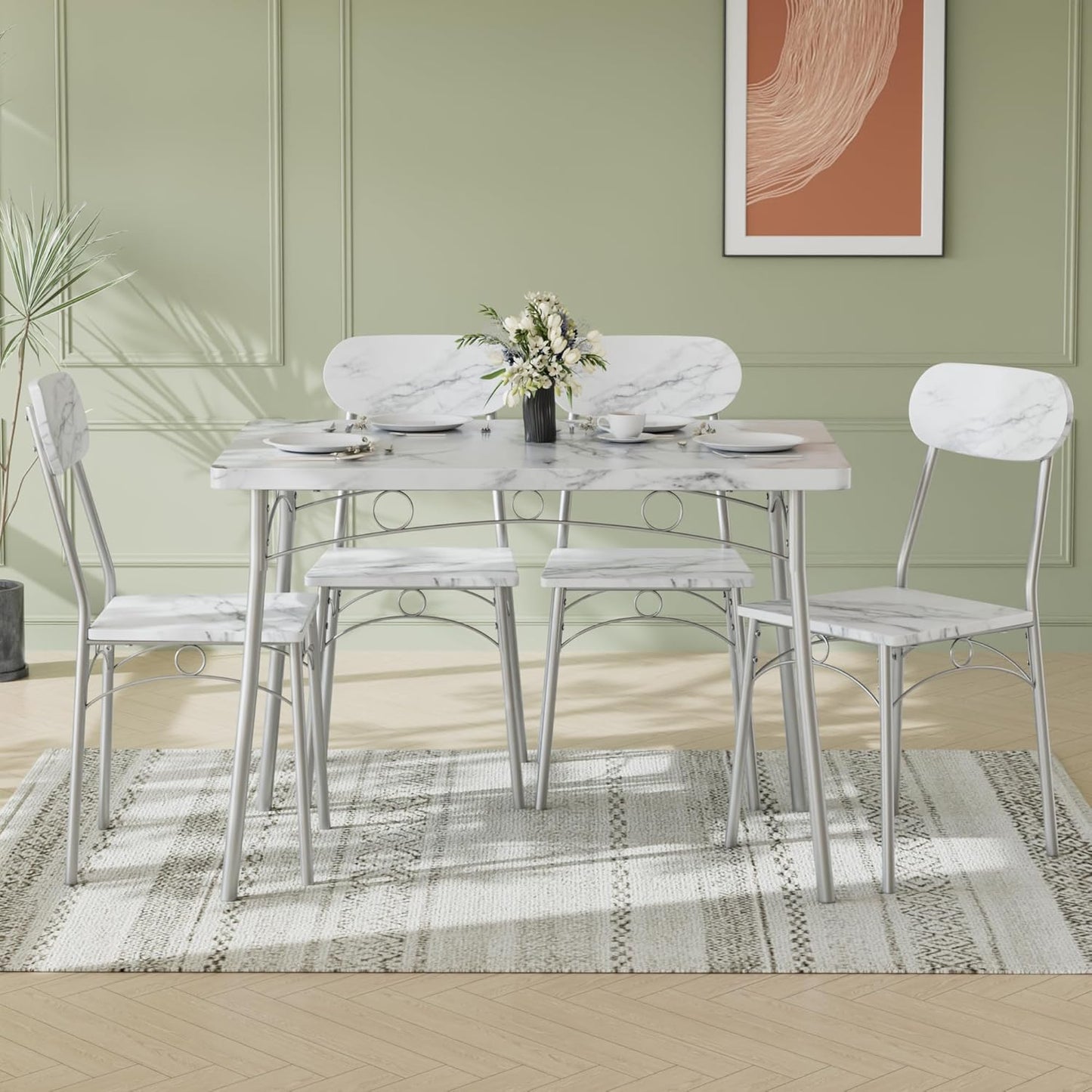 Dining Table Set for 4, 5-Piece Kitchen Table with 4 Chairs, MDF Board Tabletop with Metal Frame for Small Space, Compact Dinette, Breakfast Nook, White