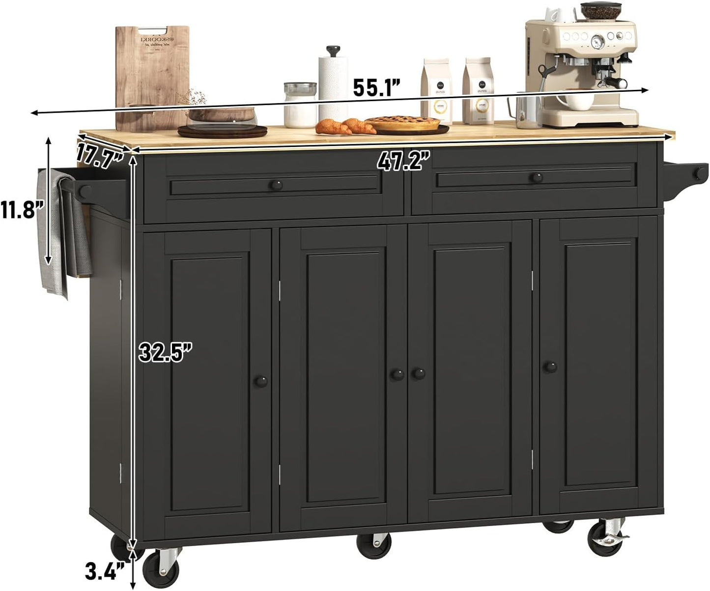 55" W Rolling Kitchen Island with Drop Leaf – Movable Kitchen Carts on Wheels Island with Storage Cabinet, Island Table for Kitchen with Rubber Wood Top and Rack and Drawer, Matte, Black
