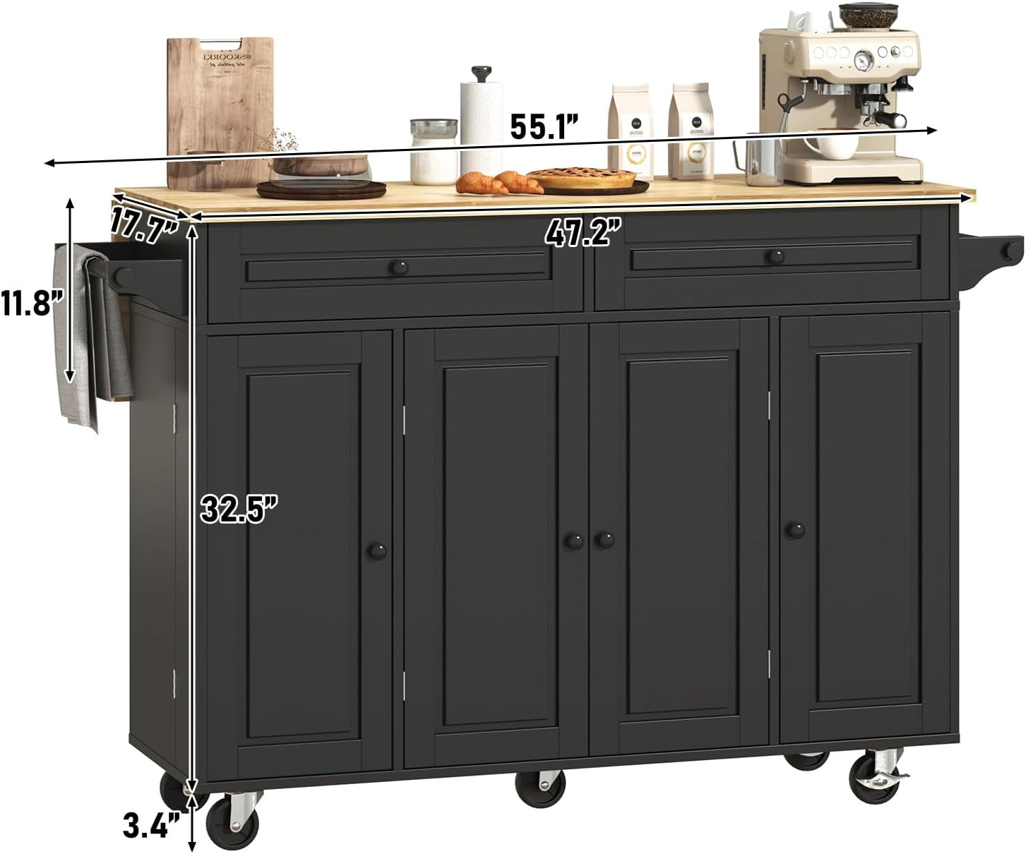 55" W Rolling Kitchen Island with Drop Leaf – Movable Kitchen Carts on Wheels Island with Storage Cabinet, Island Table for Kitchen with Rubber Wood Top and Rack and Drawer, Matte, Black