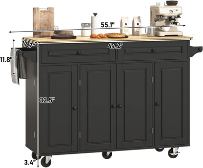 55" W Rolling Kitchen Island with Drop Leaf – Movable Kitchen Carts on Wheels Island with Storage Cabinet, Island Table for Kitchen with Rubber Wood Top and Rack and Drawer, Matte, Black