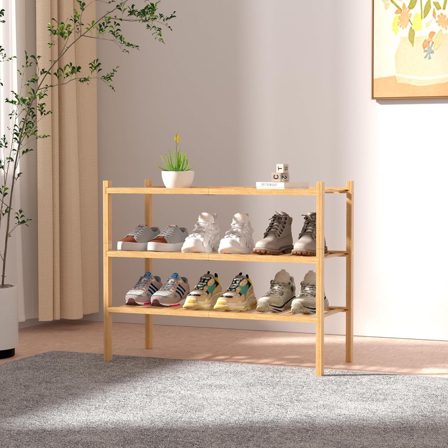 3 Tier Bamboo Shoe Rack for Closet Free Standing Wood Shoe Shelf Storage Organizer for Entryway Small Space Stackable 27"X11"X20" (Natural)