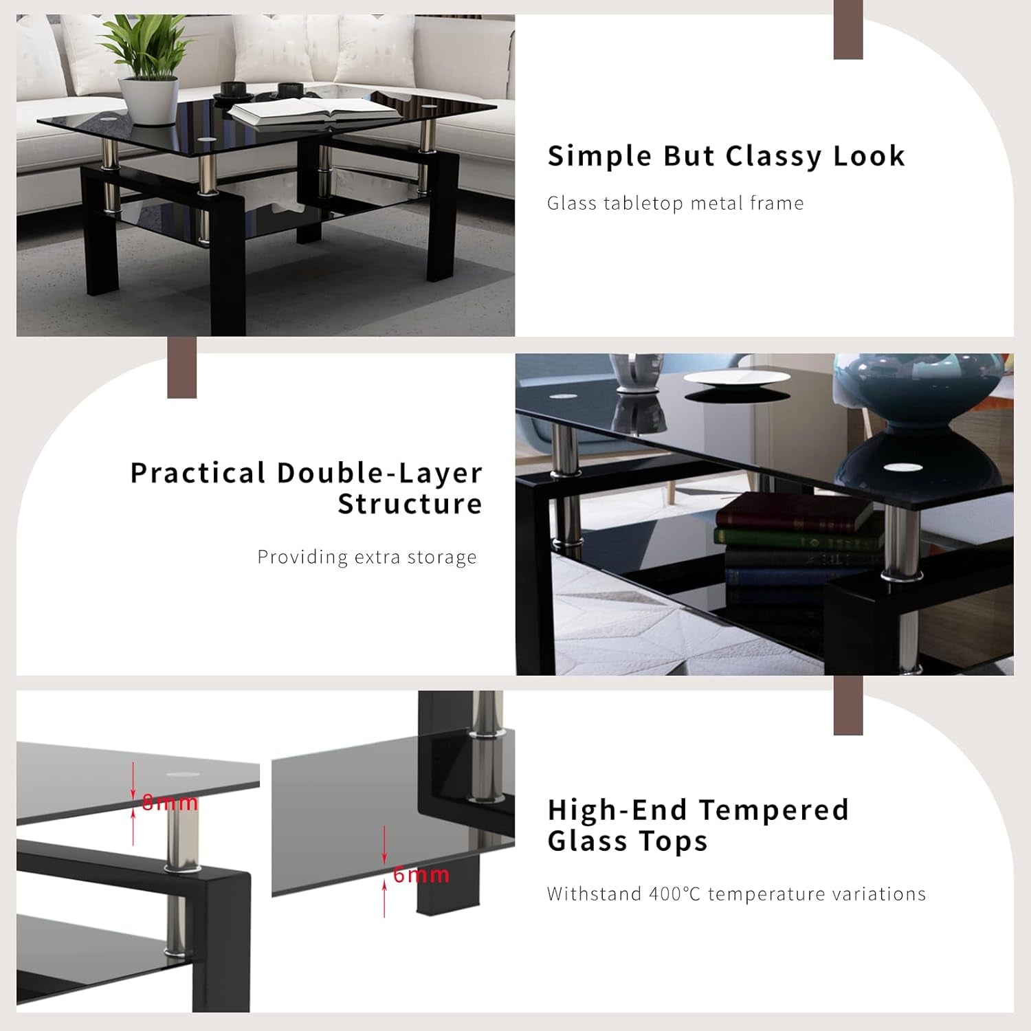 Black Glass End Tables, Small Glass Top End Table, Black Side Table, Square Shape, Tempered Glass Top, Metal Frame, for Living Room Bedroom (1Pcs End Table)