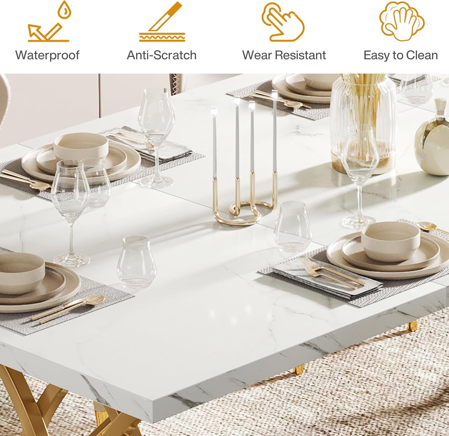 Modern Dining Table, 63" Large Kitchen Table for 4-6 People, Unique Rectangular Dinner Table Kitchen & Dining Room Furniture with Faux Marble Tabletop and Geometric Legs