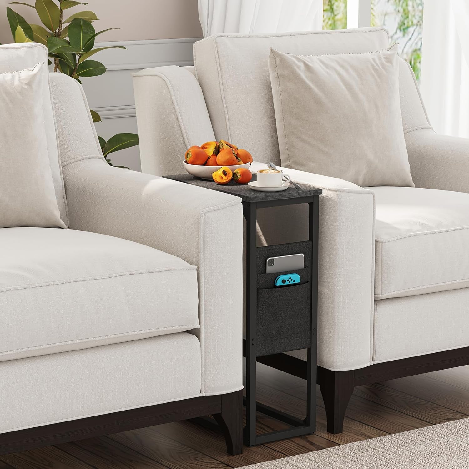 C Shaped End Table, Side Table for Couch, Sofa Table with Storage Bag, TV Tray for Living Room, Bedroom, Black TB01BK082