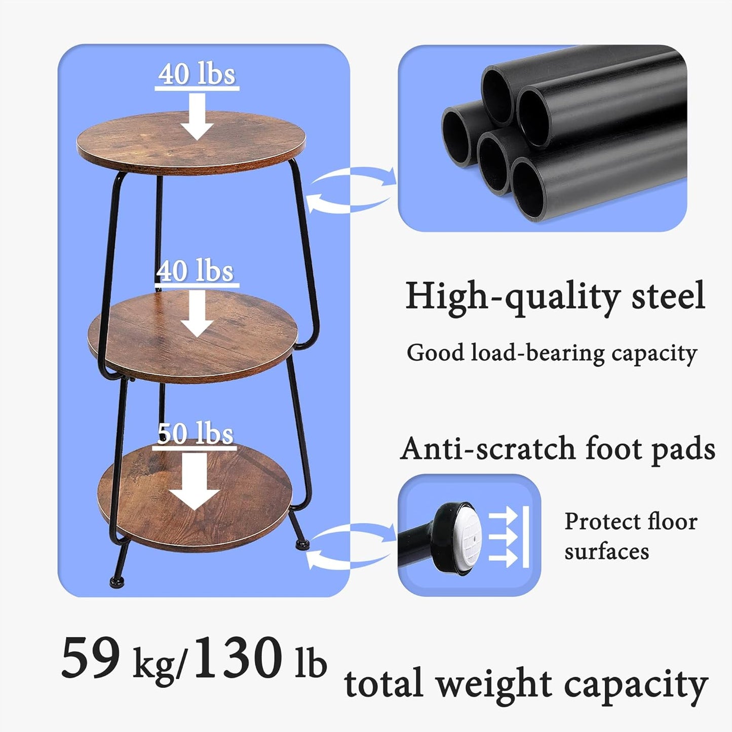Small Side Table, 3 Tier round End Table Slim Accent Table Industrial Vintage Nightstand, Metal Frame and Rustic Wood Coffee Table for Small Spaces, Bedroom, Living Room (Brown)